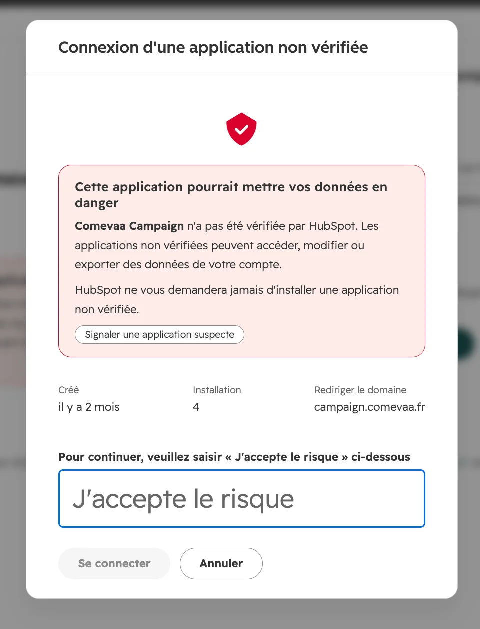 HubSpot confirmation step asking to type a phrase before connecting the app