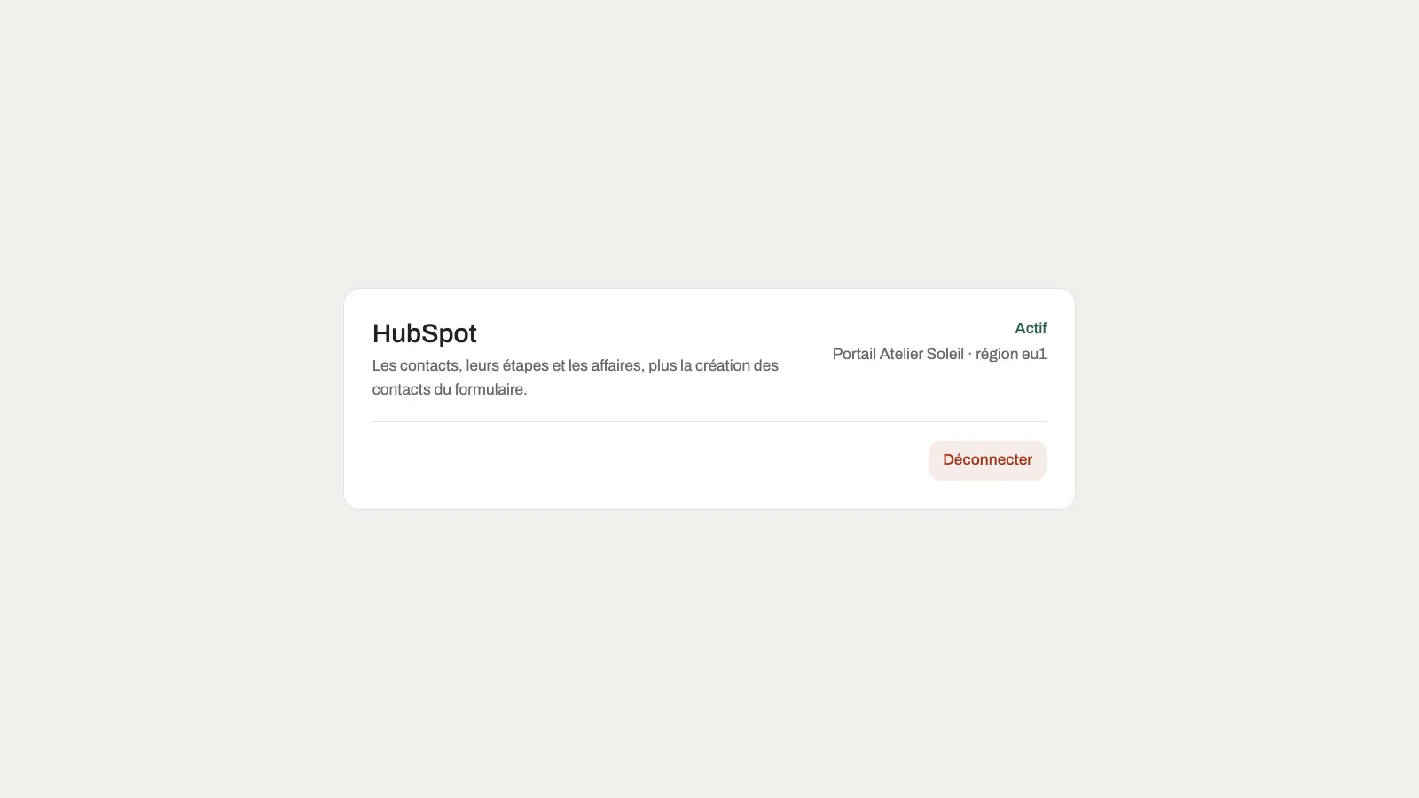 HubSpot connection card in Pilot with the Déconnecter button