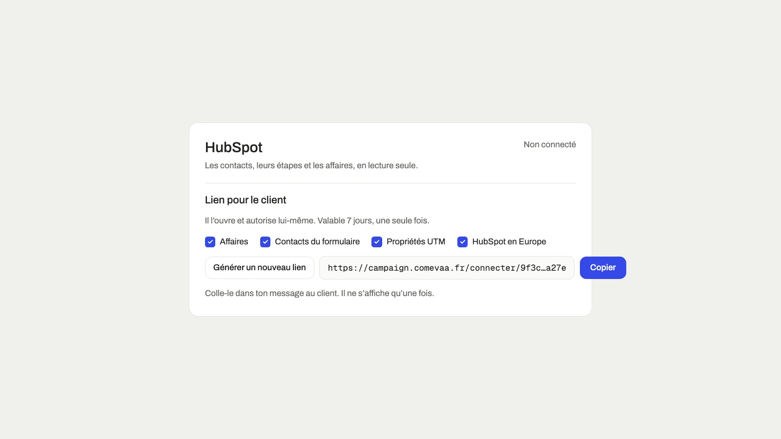 Pilot settings where Comevaa chooses the permissions and generates the connection link