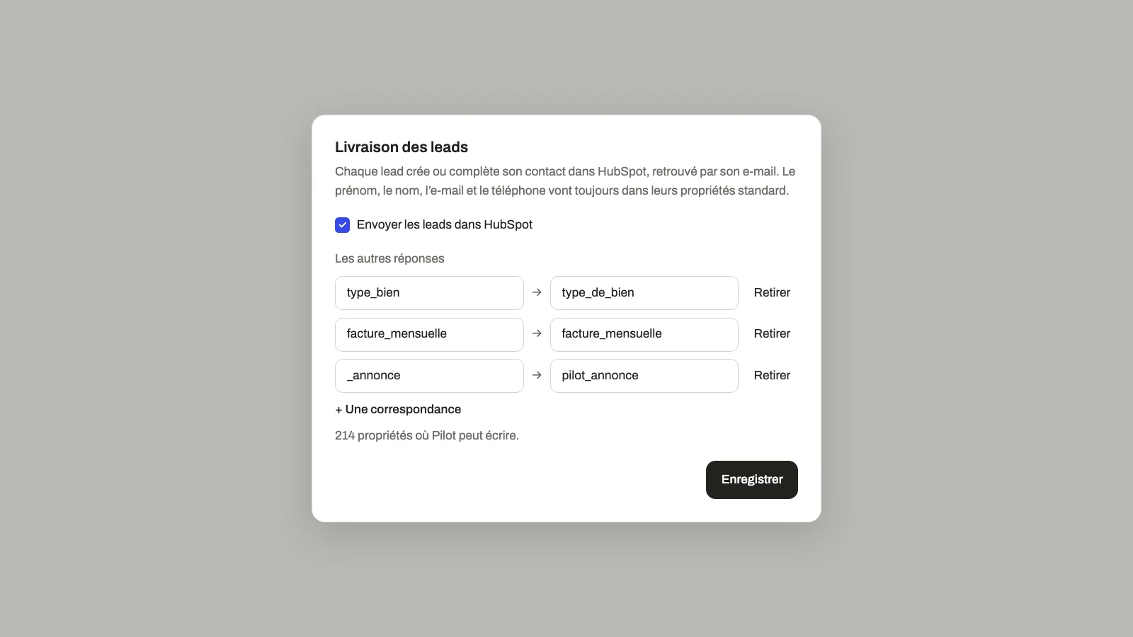 Lead delivery settings in Pilot, with each form answer mapped to a HubSpot contact property