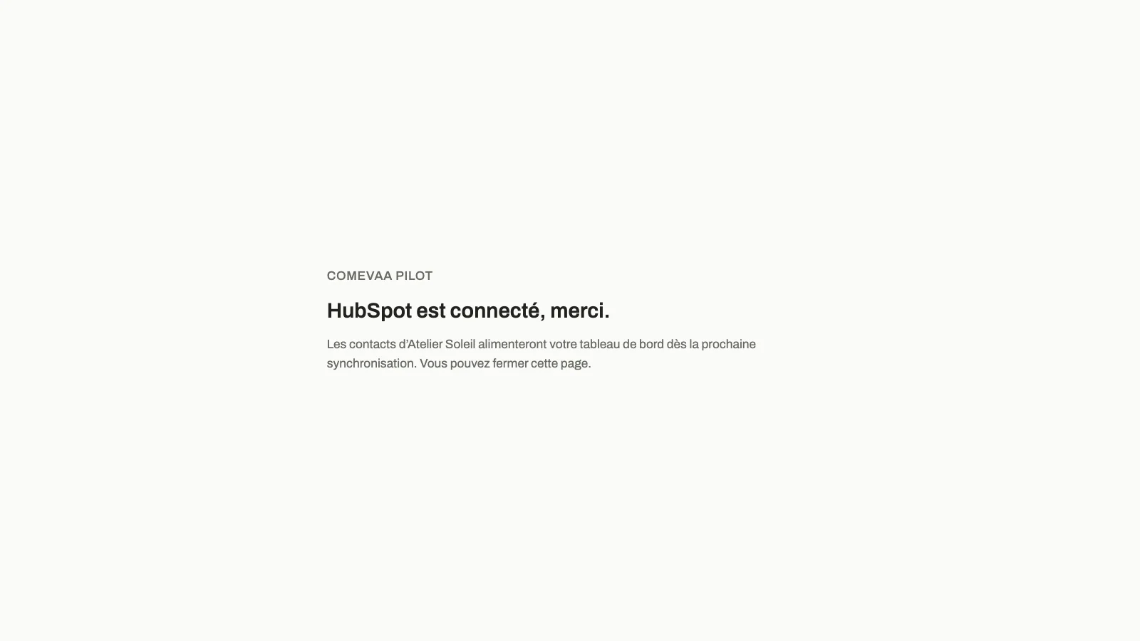 Confirmation page saying that HubSpot is connected
